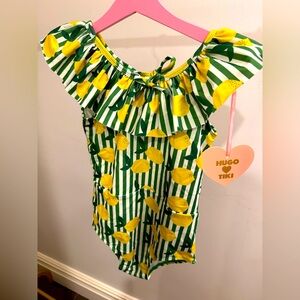 Hugo Loves Tiki lemons green stripe swimsuit NWT 12